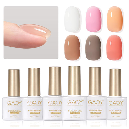 GAOY front packaging showing six builder gel bottles and shade range benefit: variety for many looks