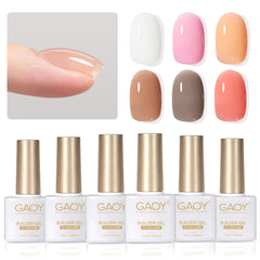 GAOY front packaging showing six builder gel bottles and shade range benefit: variety for many looks