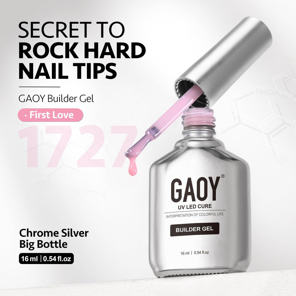 Hands using GAOY builder gel in a home manicure setting showing salon-quality results