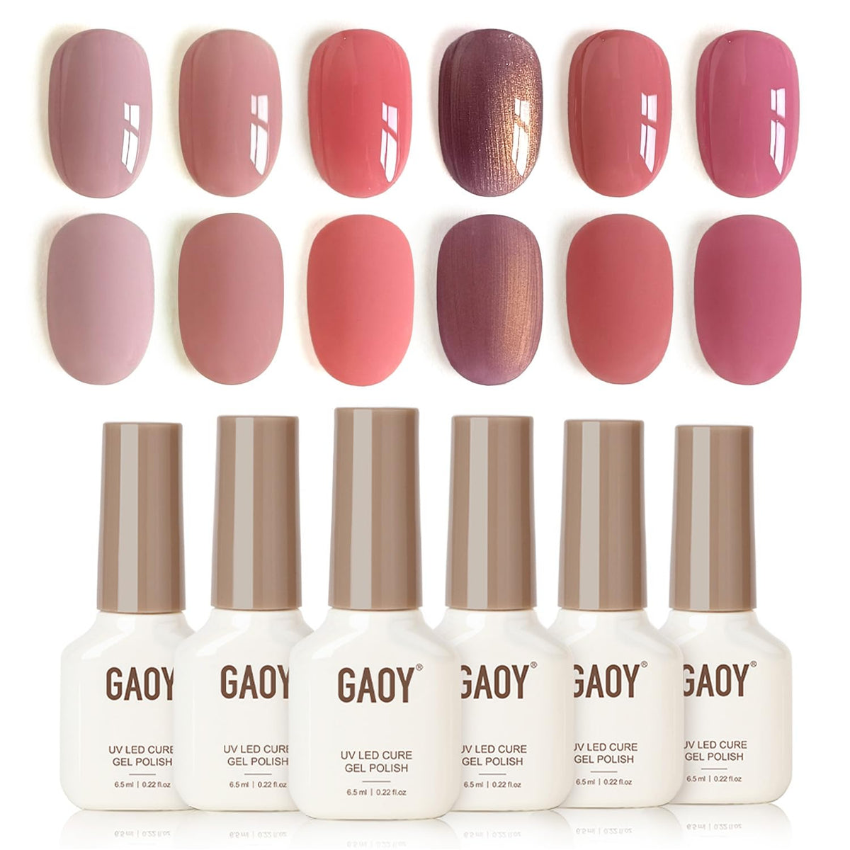 GAOY packaging front view showing six pink gel bottles and brand clarity