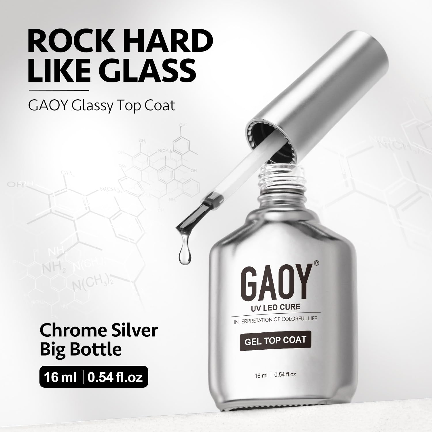 GAOY chrome bottle detail highlighting brushed stainless-steel look and durable design benefit