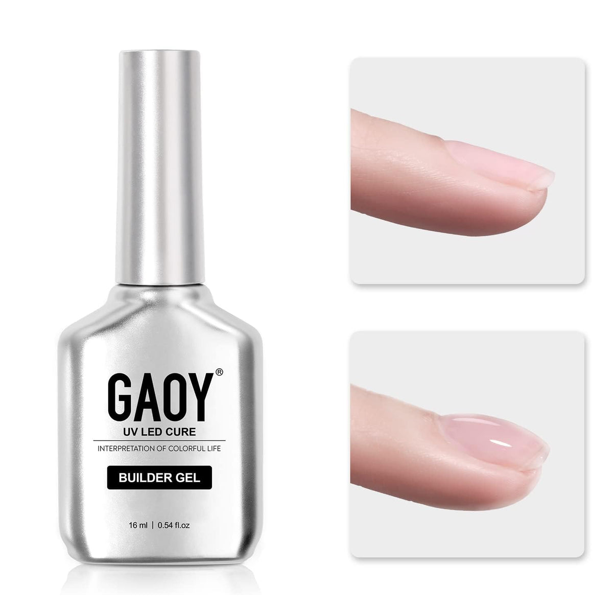 GAOY clear builder gel bottle front showing product and easy storage benefit