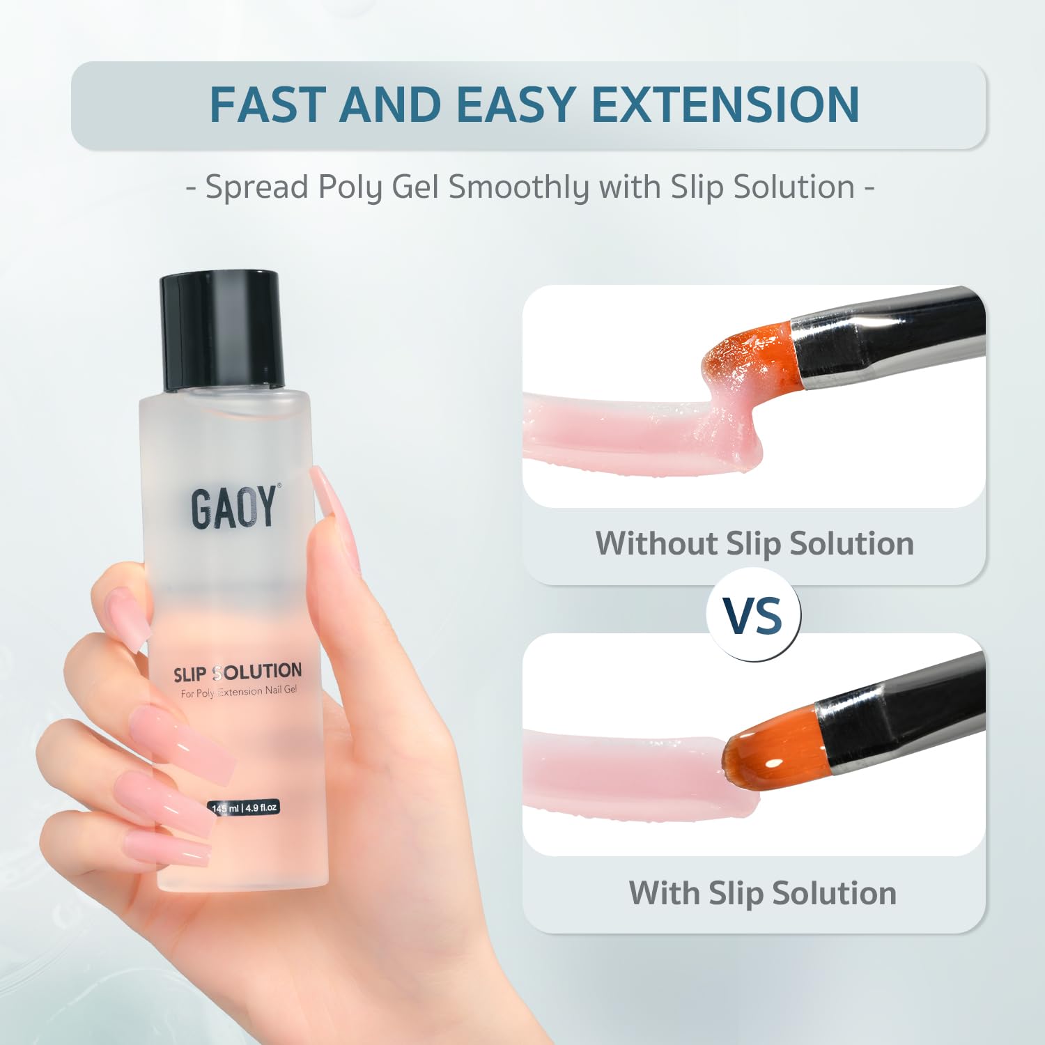 GAOY close-up label and cap highlighting volume and low-odor formula benefit