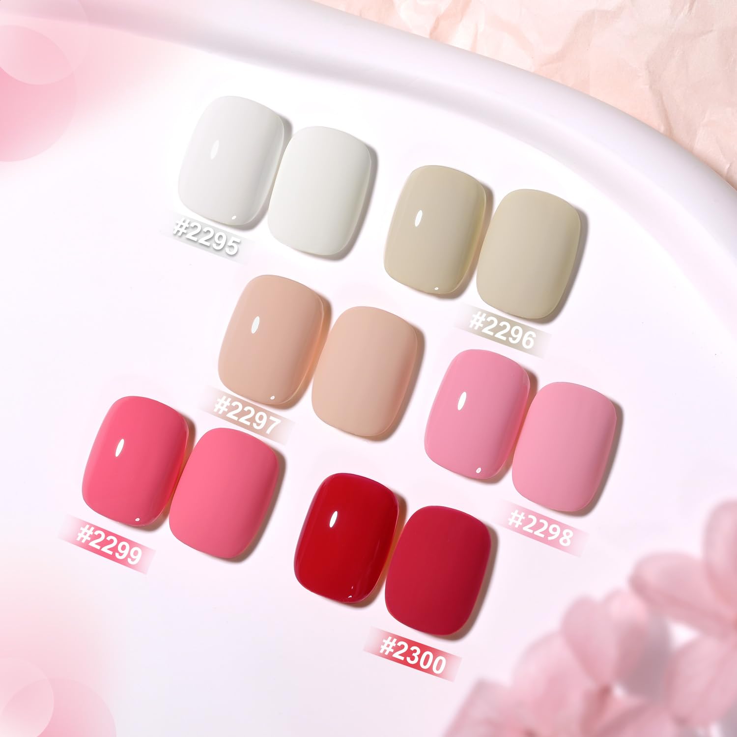 GAOY color swatch flatlay of nude, pink and red shades for styling ideas