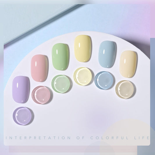 GAOY color swatch rows displaying pastel pink blue green yellow nude benefits