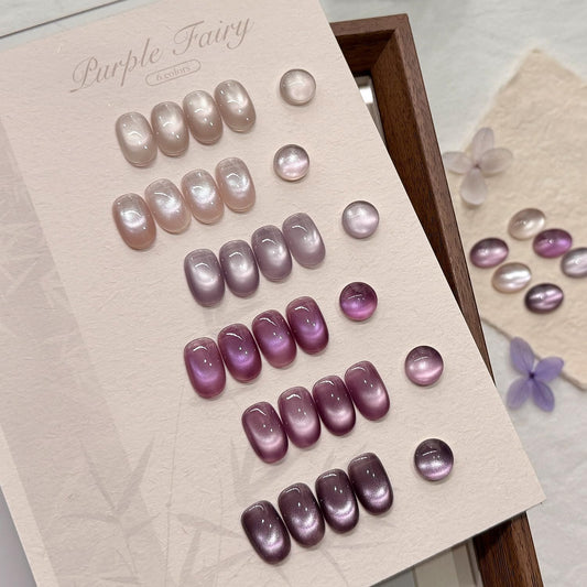 GAOY color swatch spread of six purple holographic gels illustrating shade variety and shine