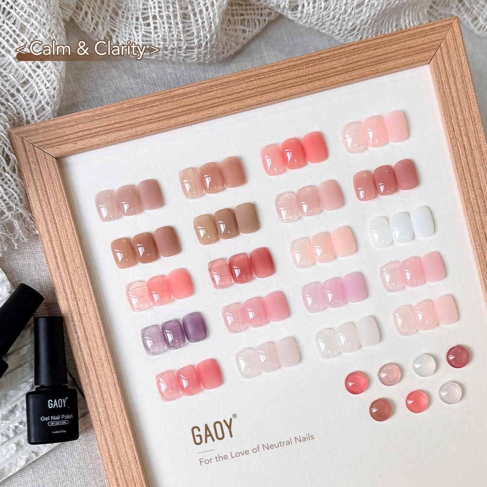 GAOY color swatches on a nail wheel showing 20 jelly shades for easy selection