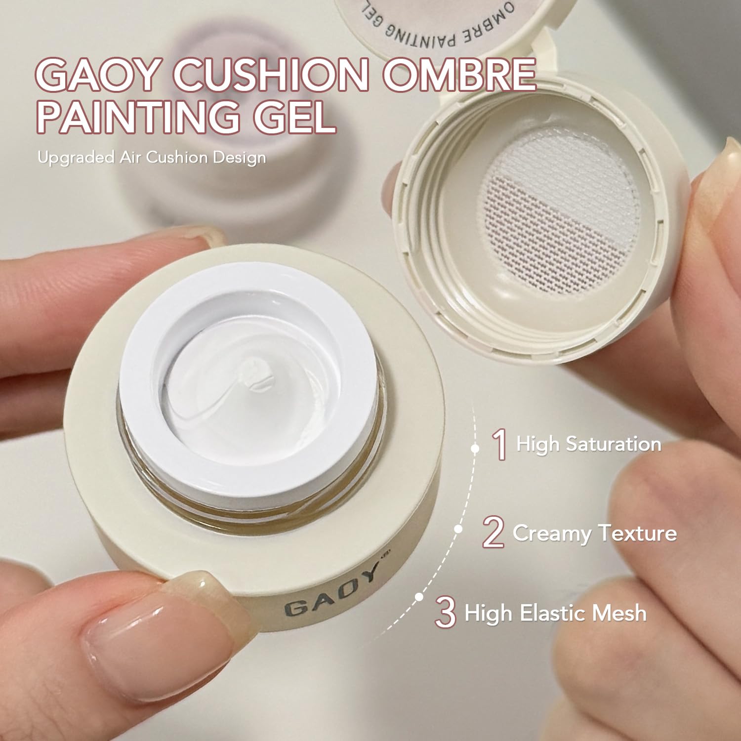 GAOY cushion cap close-up showing soft texture and consistent pigment transfer