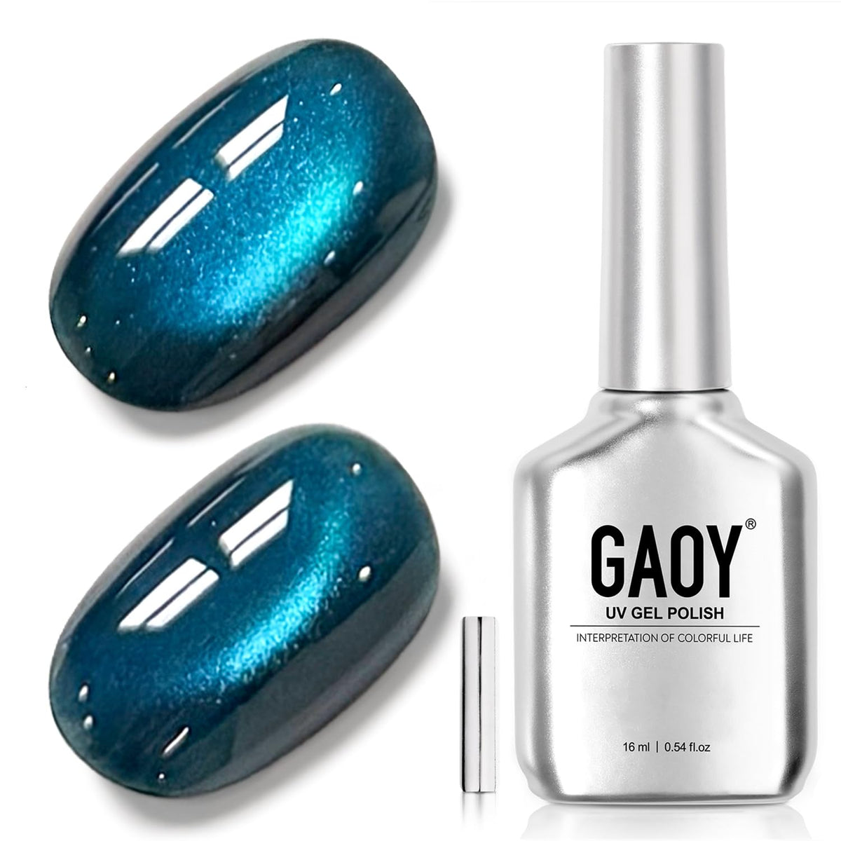 GAOY bottle front view showing dark peacock blue gel and label benefit long-lasting shine
