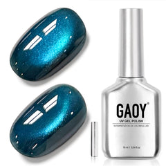 GAOY bottle front view showing dark peacock blue gel and label benefit long-lasting shine
