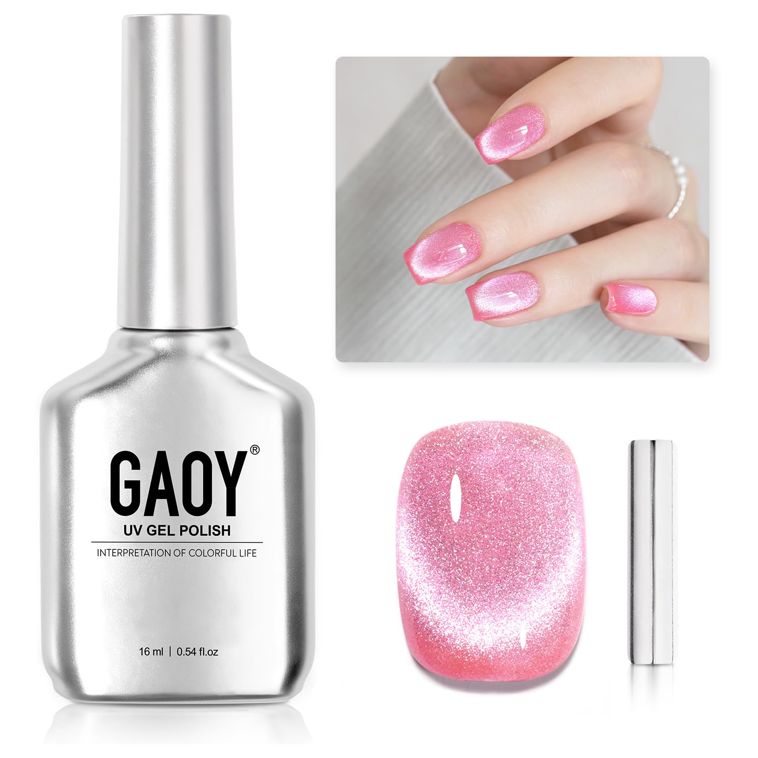 GAOY bottle front view showing electric pink label and elegant shimmer benefit