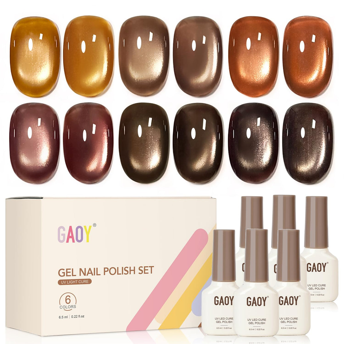 GAOY full kit front packaging showing six autumn gel shades and magnet for easy use