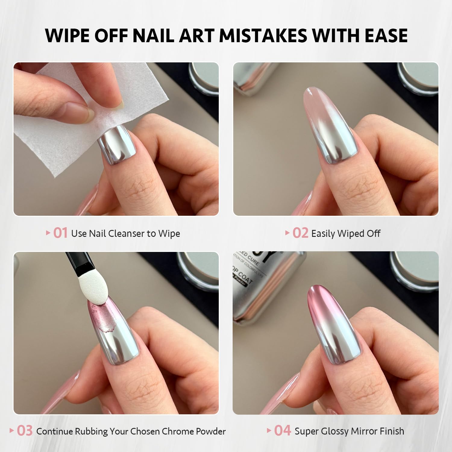 GAOY finished nails with mirror chrome shine highlighting long-lasting glossy result