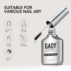 GAOY foil glue in a manicure setup conveying salon-quality results at home