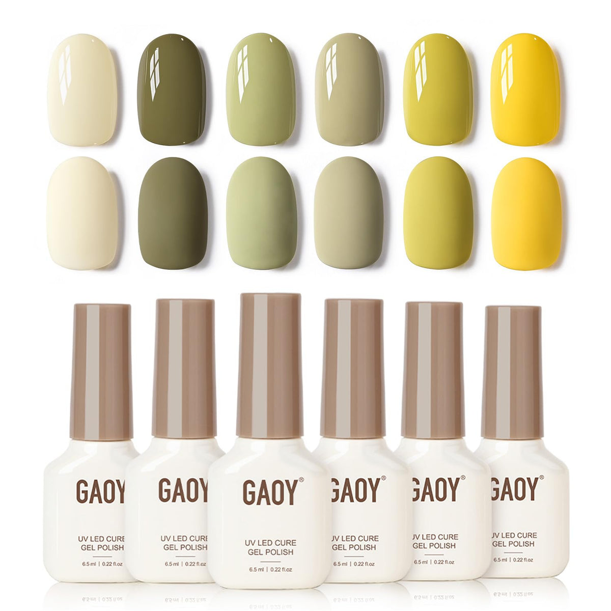 GAOY front packaging showing six forest-inspired gel polish shades and tidy box for choice