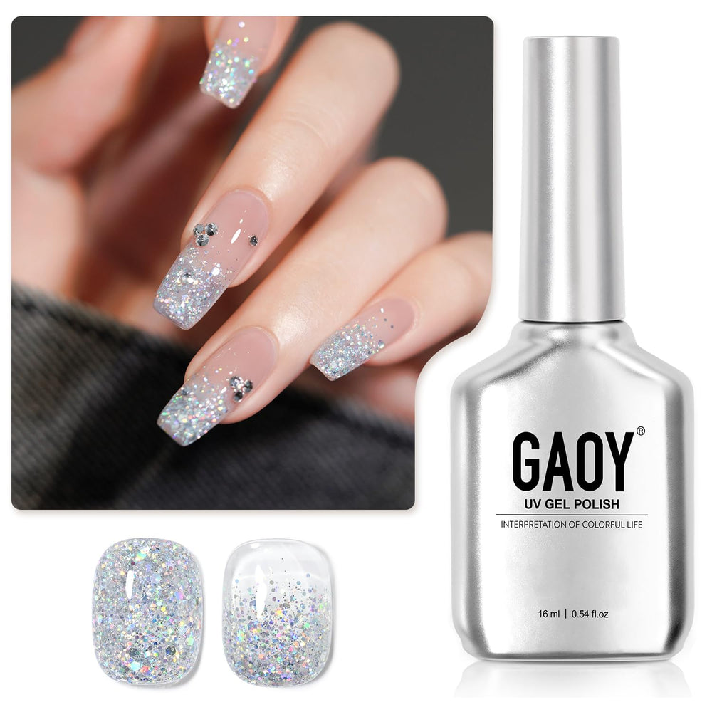 GAOY front bottle of 1350 Milky Way glitter gel showing silver sparkles and capacity