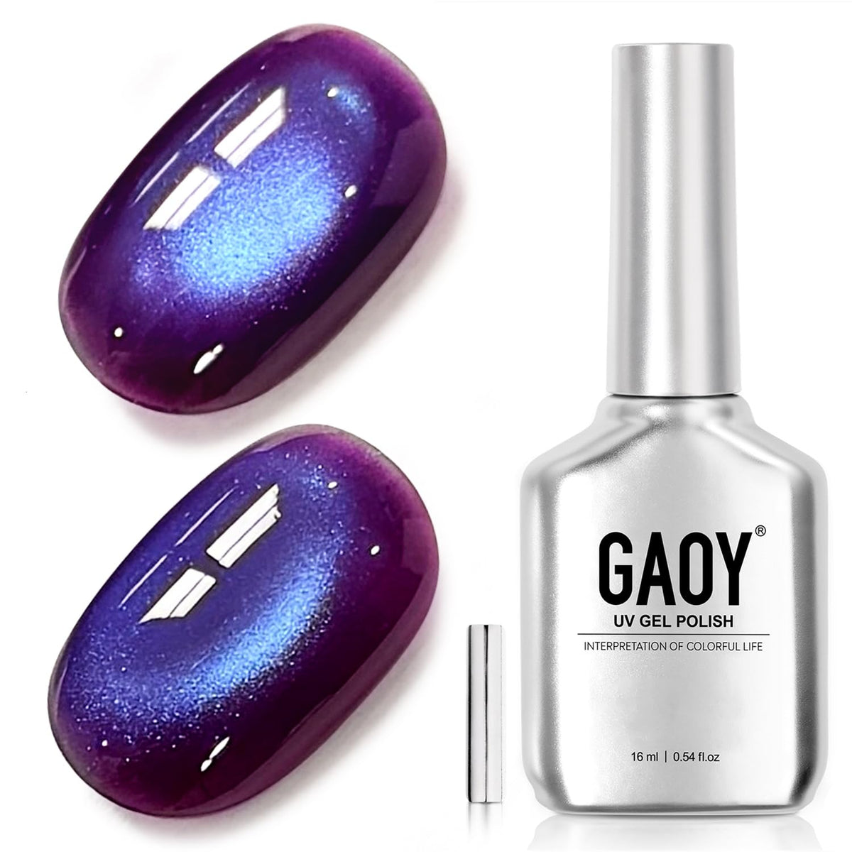 GAOY bottle front view showing Dreamy Purple holographic finish benefit visible color