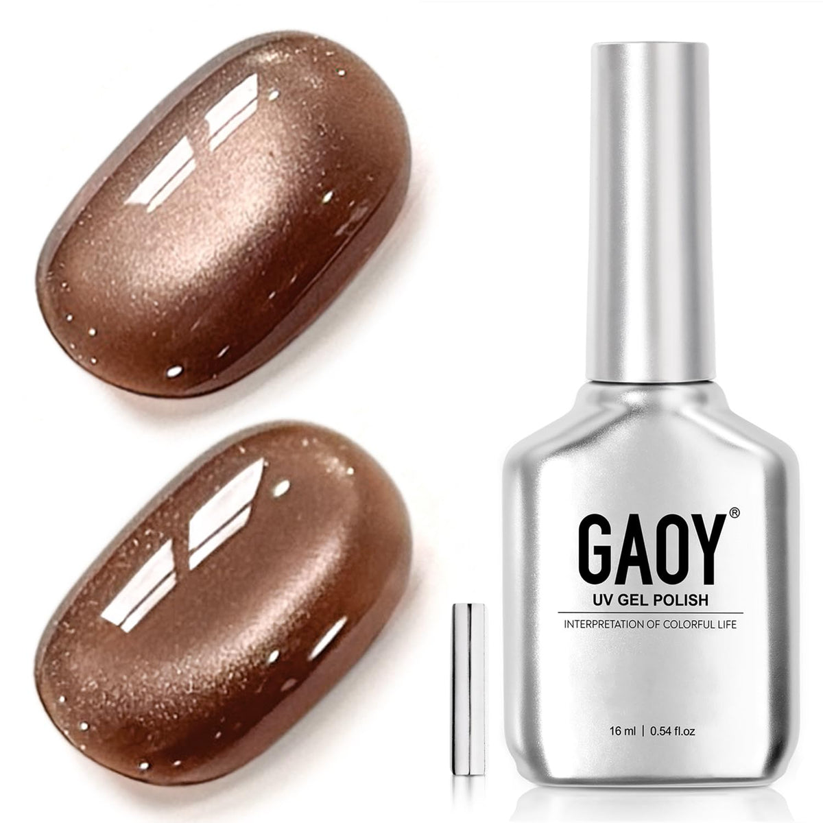 GAOY bottle front view showing modern brown shade and label for clear identification and color choice