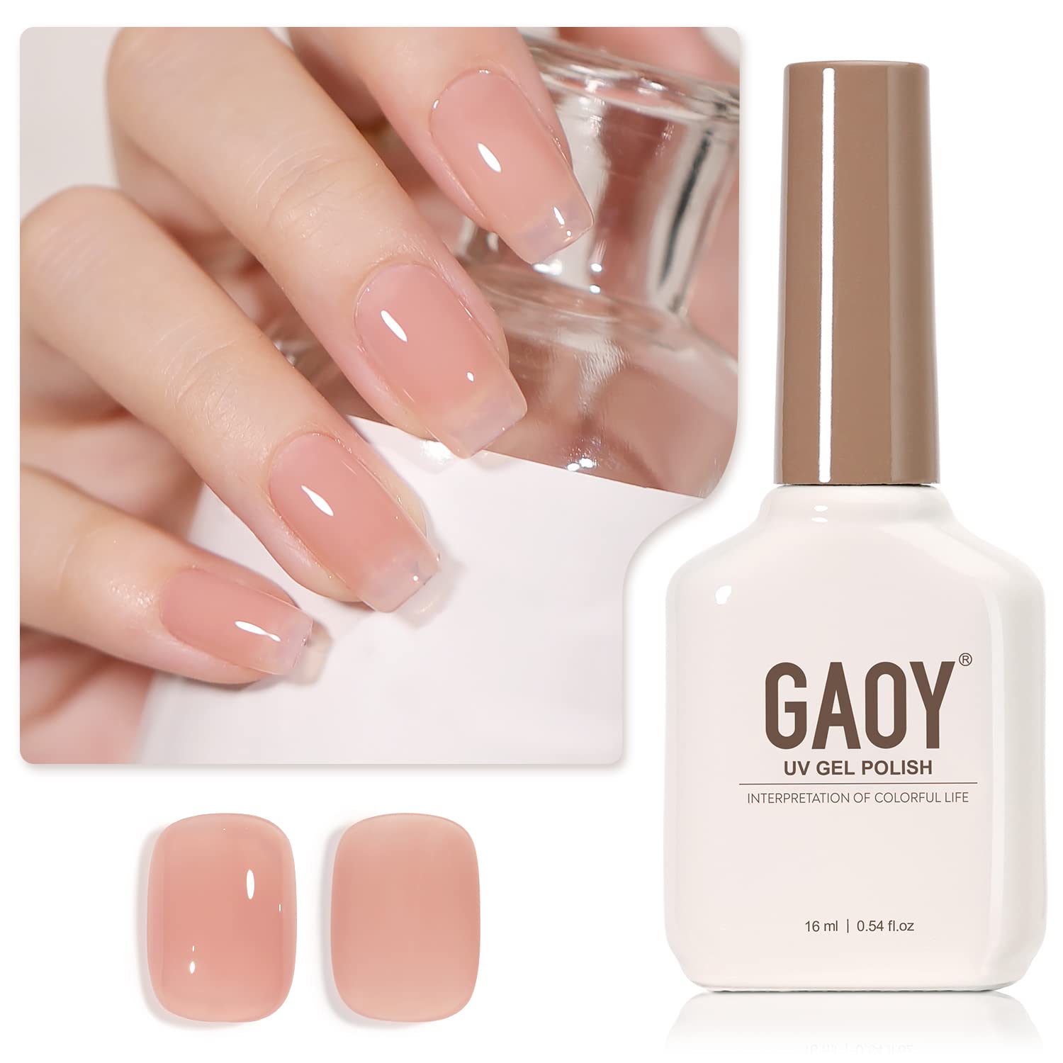GAOY bottle front view showing sheer nude shade and larger 16ml size benefit