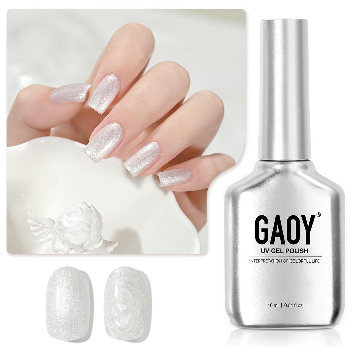 GAOY bottle front view showing shimmer white polish benefits salon finish