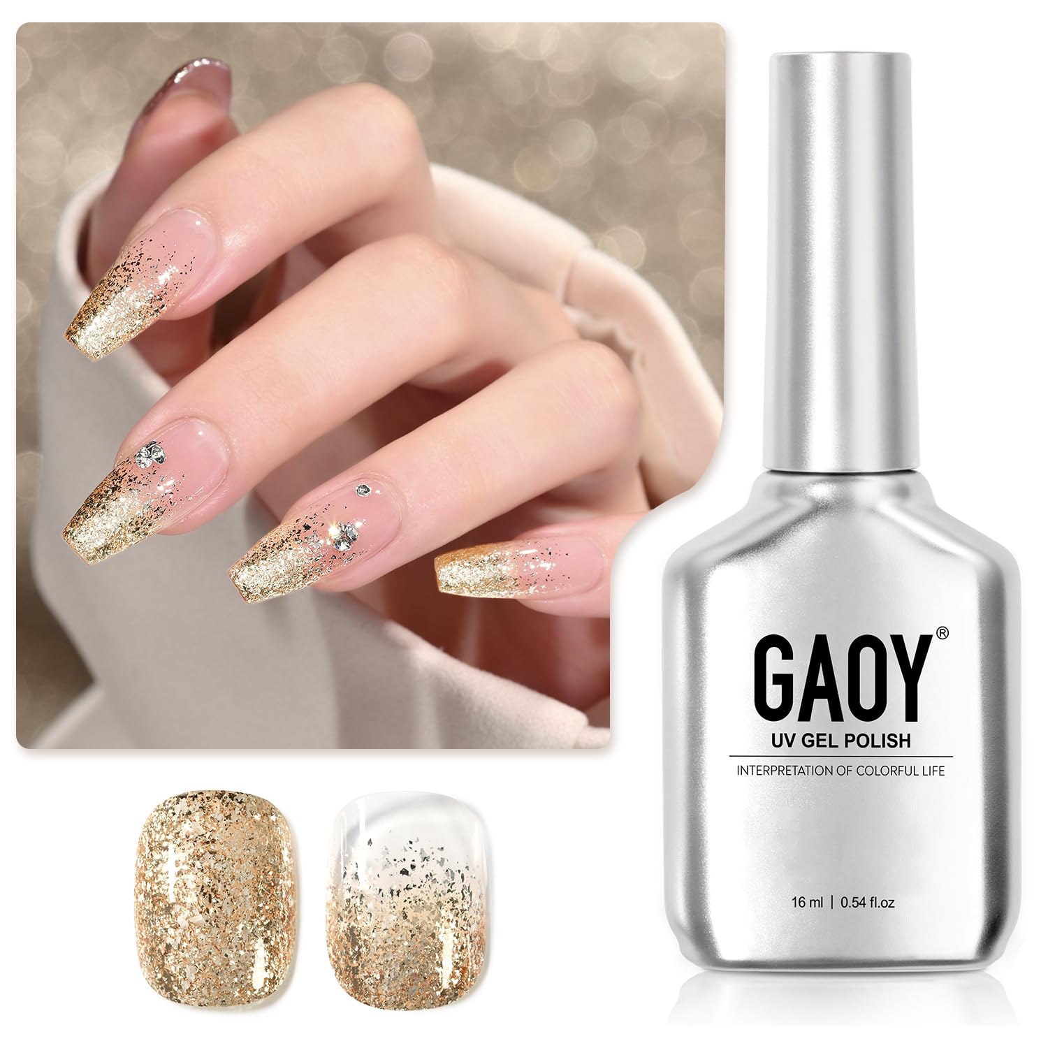GAOY front bottle showing gold glitter and large 16ml capacity benefit