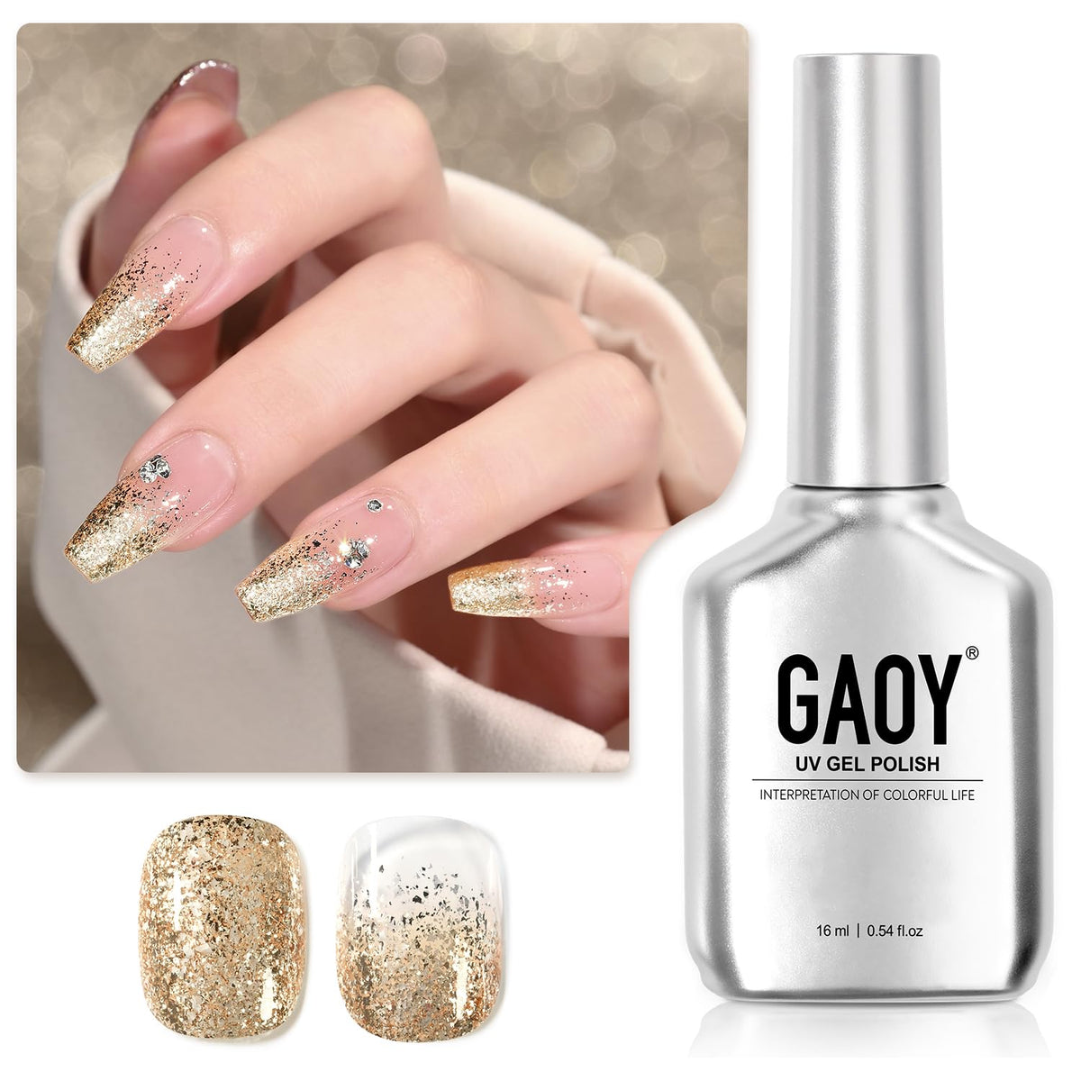 GAOY front bottle showing gold glitter and large 16ml capacity benefit