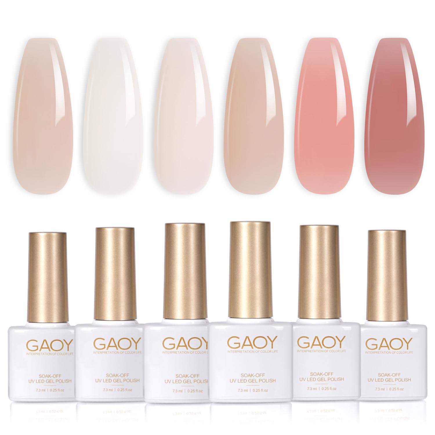GAOY front packaging showing six nude gel bottles, clear display and benefits