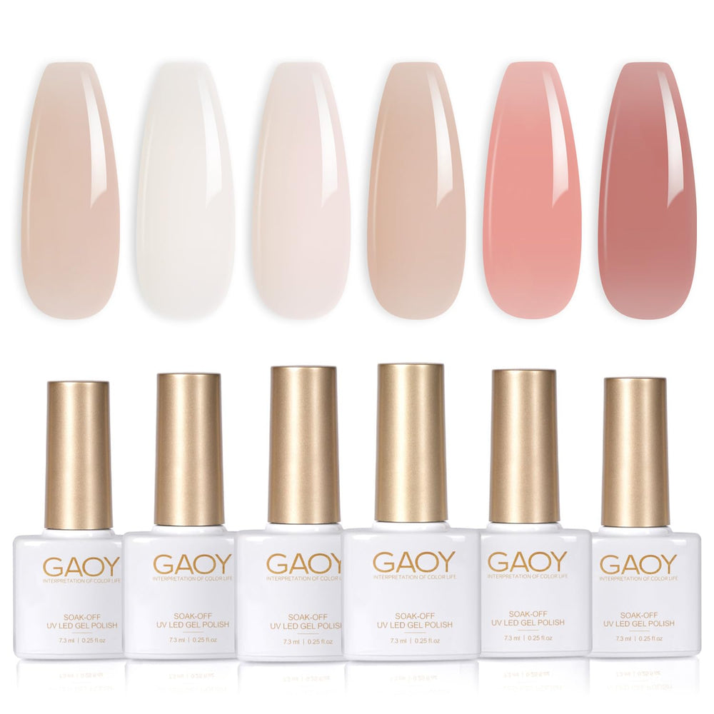 GAOY front packaging showing six nude gel bottles, clear display and benefits