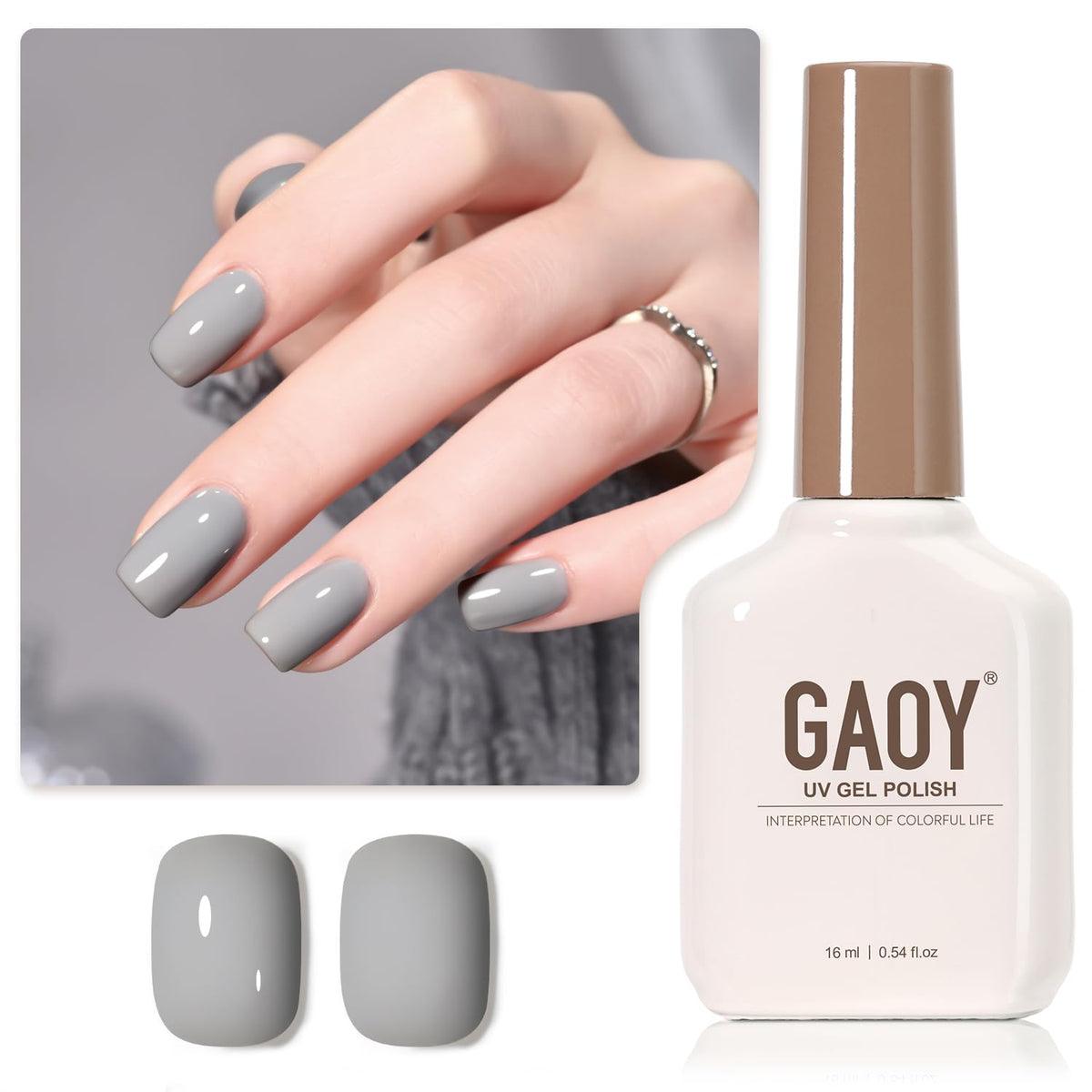 GAOY front packaging 16ml bottle showing shade 2087 Atoms Gray and benefit of generous volume
