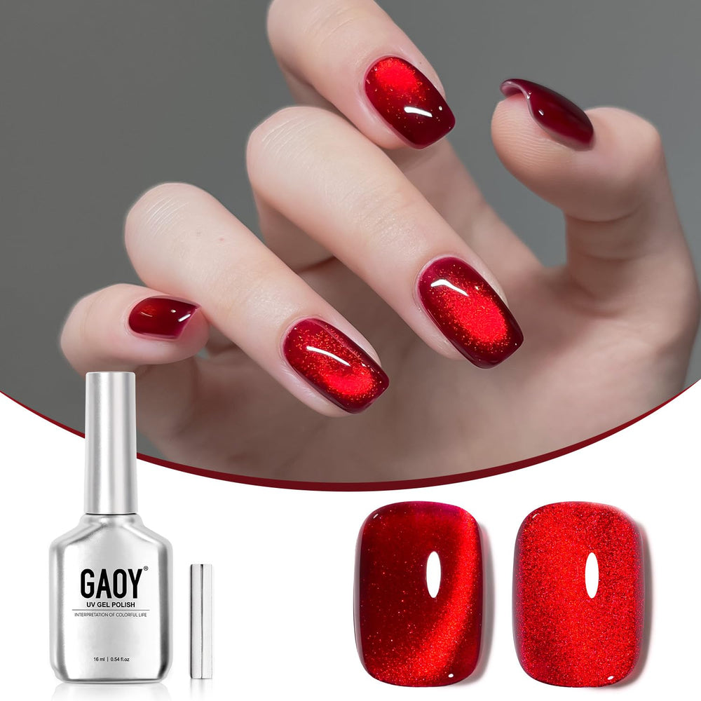 GAOY front bottle shot showing 2907 Ruby Twilight and bold red holographic shimmer benefit