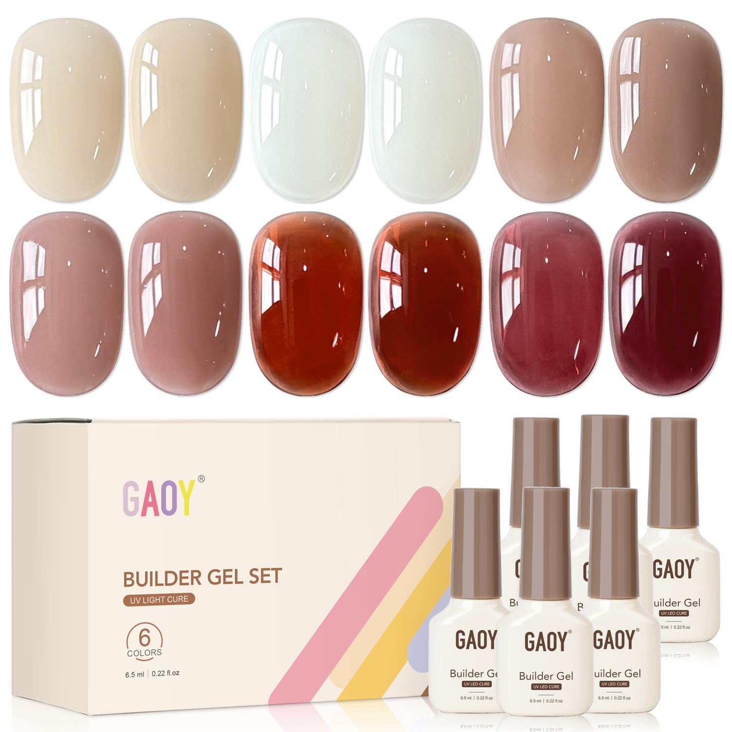 GAOY front packaging showing six builder gel bottles and organized shades benefit visible selection