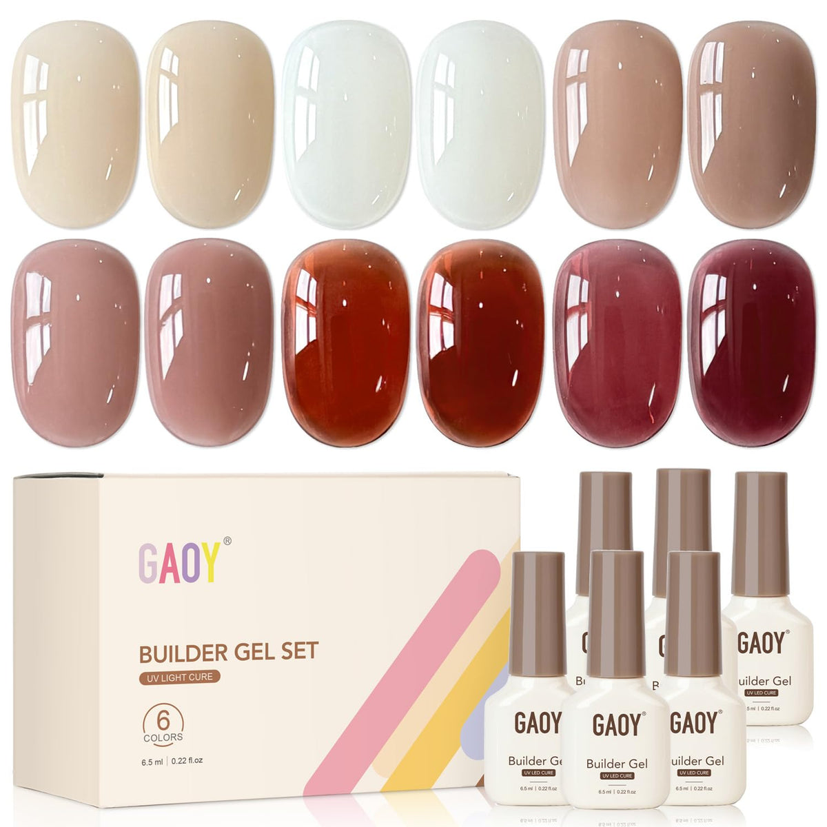GAOY front packaging showing six builder gel bottles and organized shades benefit visible selection