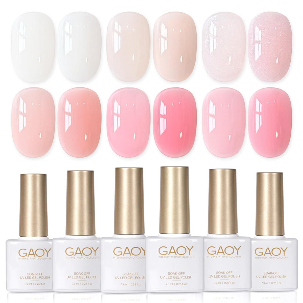 GAOY front packaging showing six rubber base gel bottles and benefits
