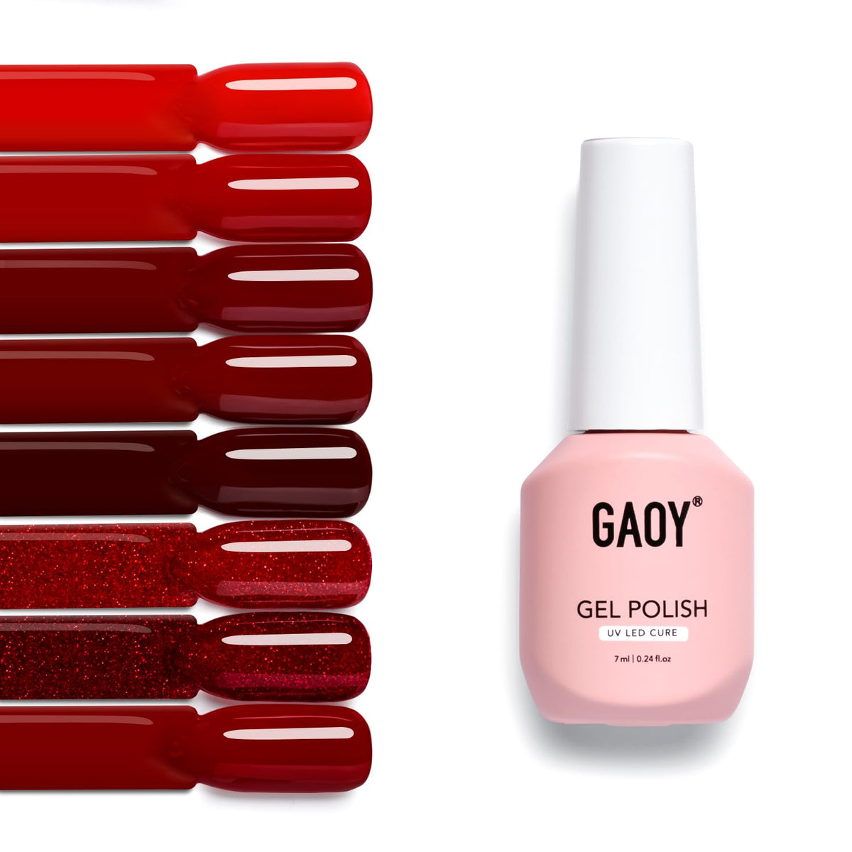 GAOY front packaging showing all eight red gel polish bottles and kit benefits