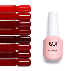 GAOY front packaging showing all eight red gel polish bottles and kit benefits