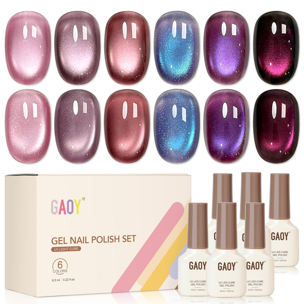 GAOY front packaging showing six purple cat-eye gel bottles and magnet, salon-ready set