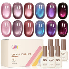 GAOY front packaging showing six purple cat-eye gel bottles and magnet, salon-ready set