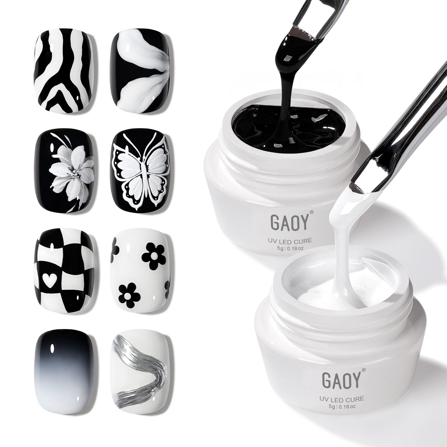 GAOY front packaging showing black and white gel set with clean presentation benefit