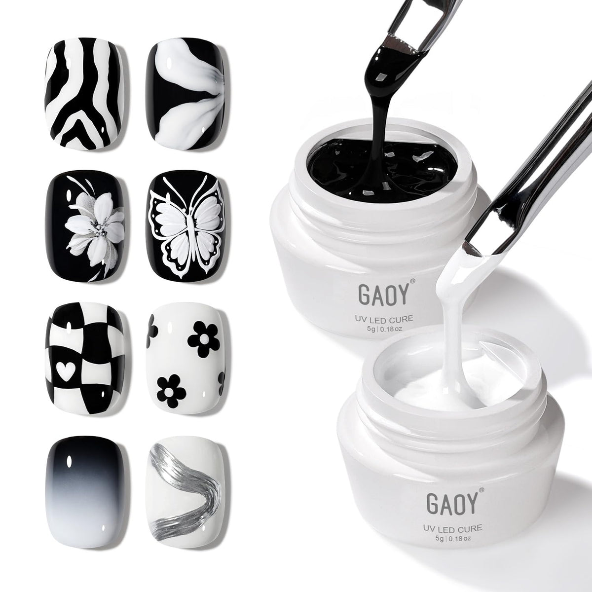 GAOY front packaging showing black and white gel set with clean presentation benefit