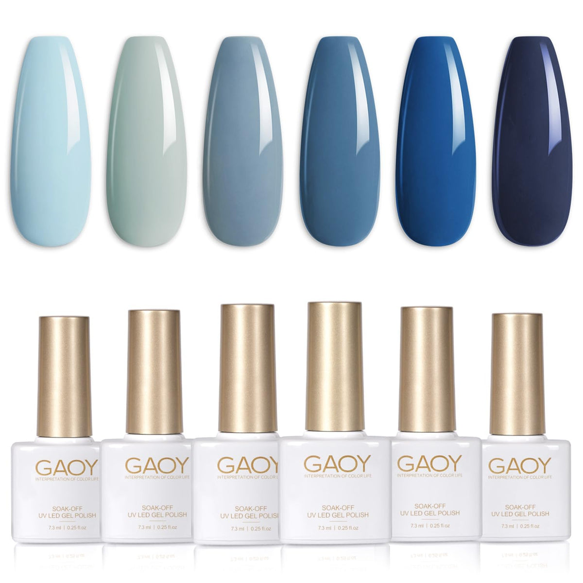 GAOY front packaging showing six coordinated gel polish bottles and color range, clear benefits