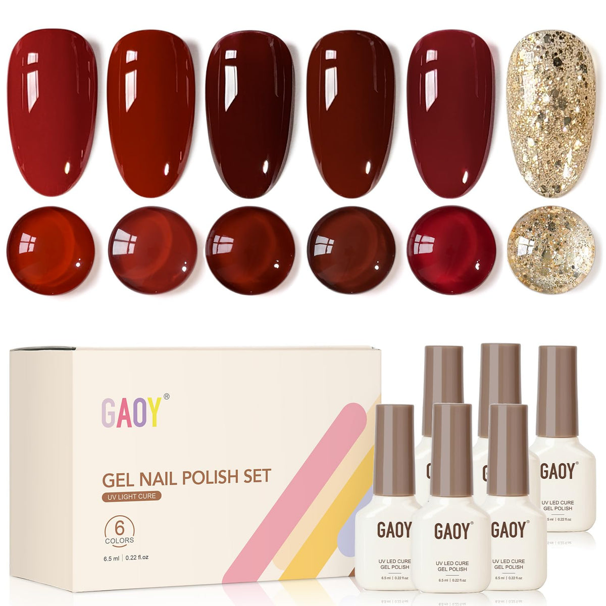 GAOY front packaging showing six seasonal gel polish bottles for quick selection