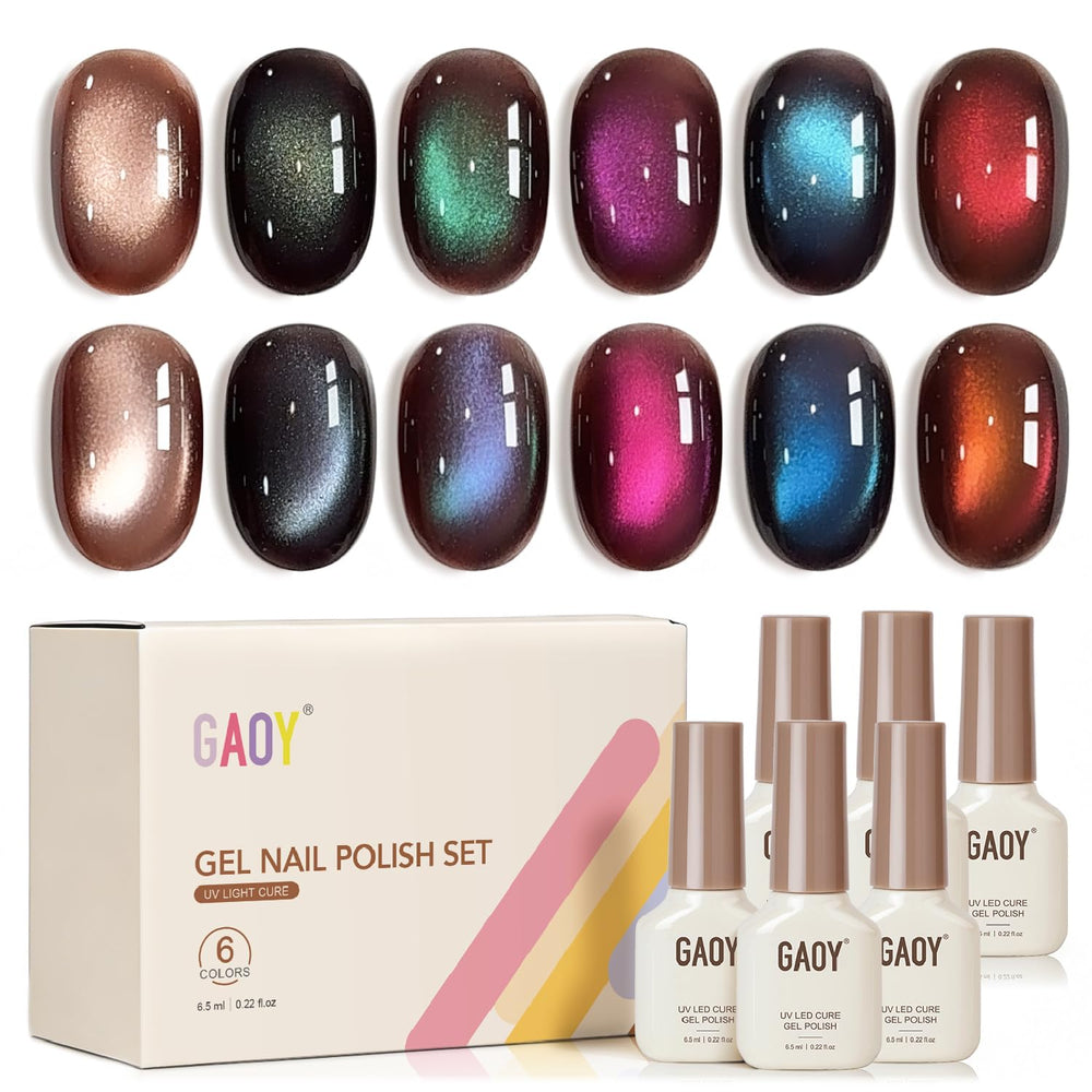 GAOY front packaging showing six chameleon cat eye gels, clear kit benefits