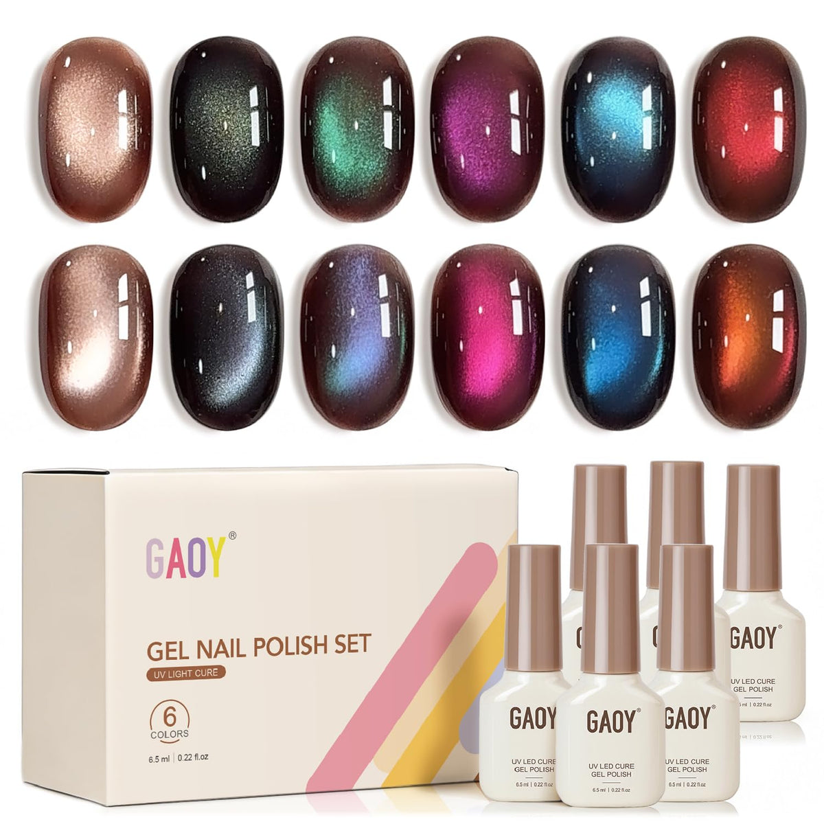 GAOY front packaging showing six chameleon cat eye gels, clear kit benefits