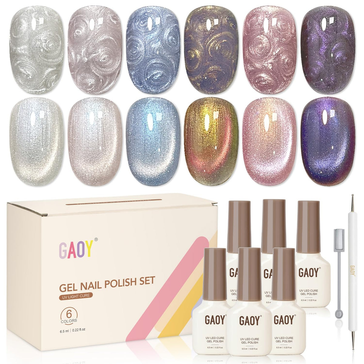GAOY front packaging showing six cat eye gel bottles and tools for instant artistry