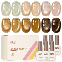 GAOY front packaging showing six cat eye gel bottles and included magnet, professional kit benefit