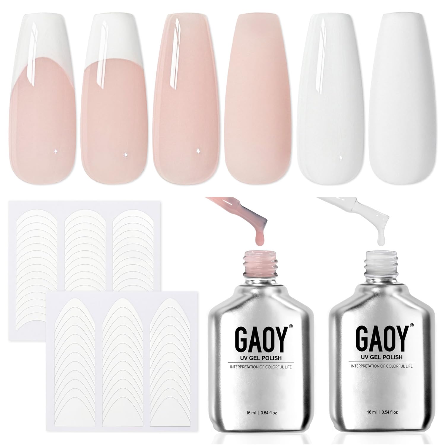 GAOY front packaging of French tip set showing kit contents and benefit of at-home manicures