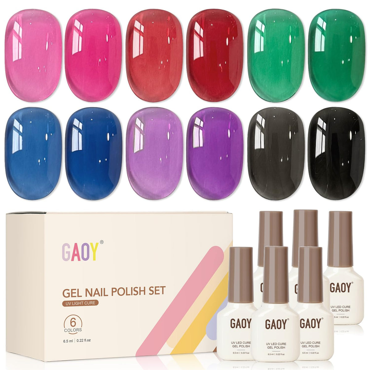 GAOY front packaging showing six gel bottles and kit benefits