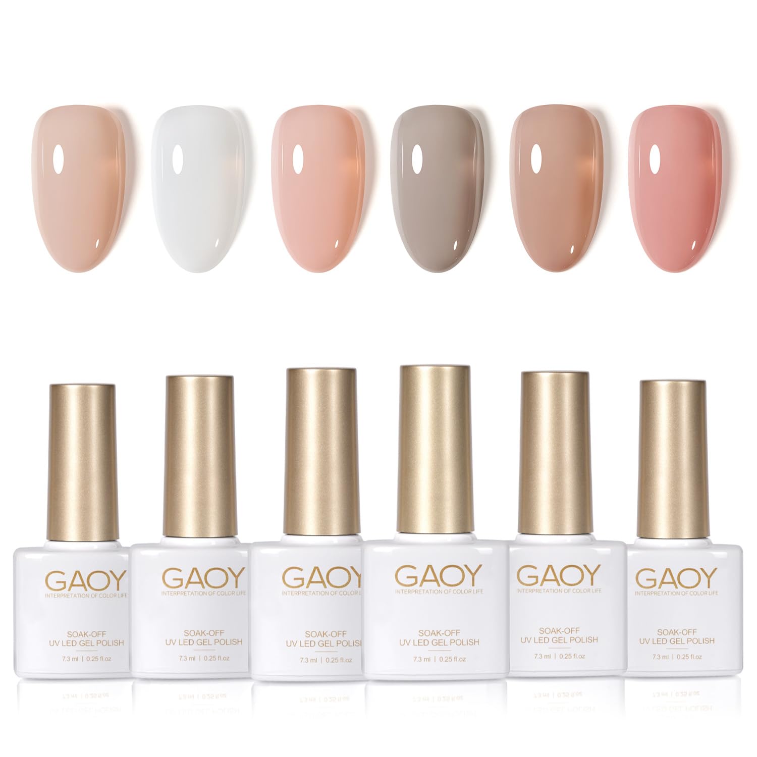GAOY front packaging showing six gel polish bottles, clear kit display and convenience