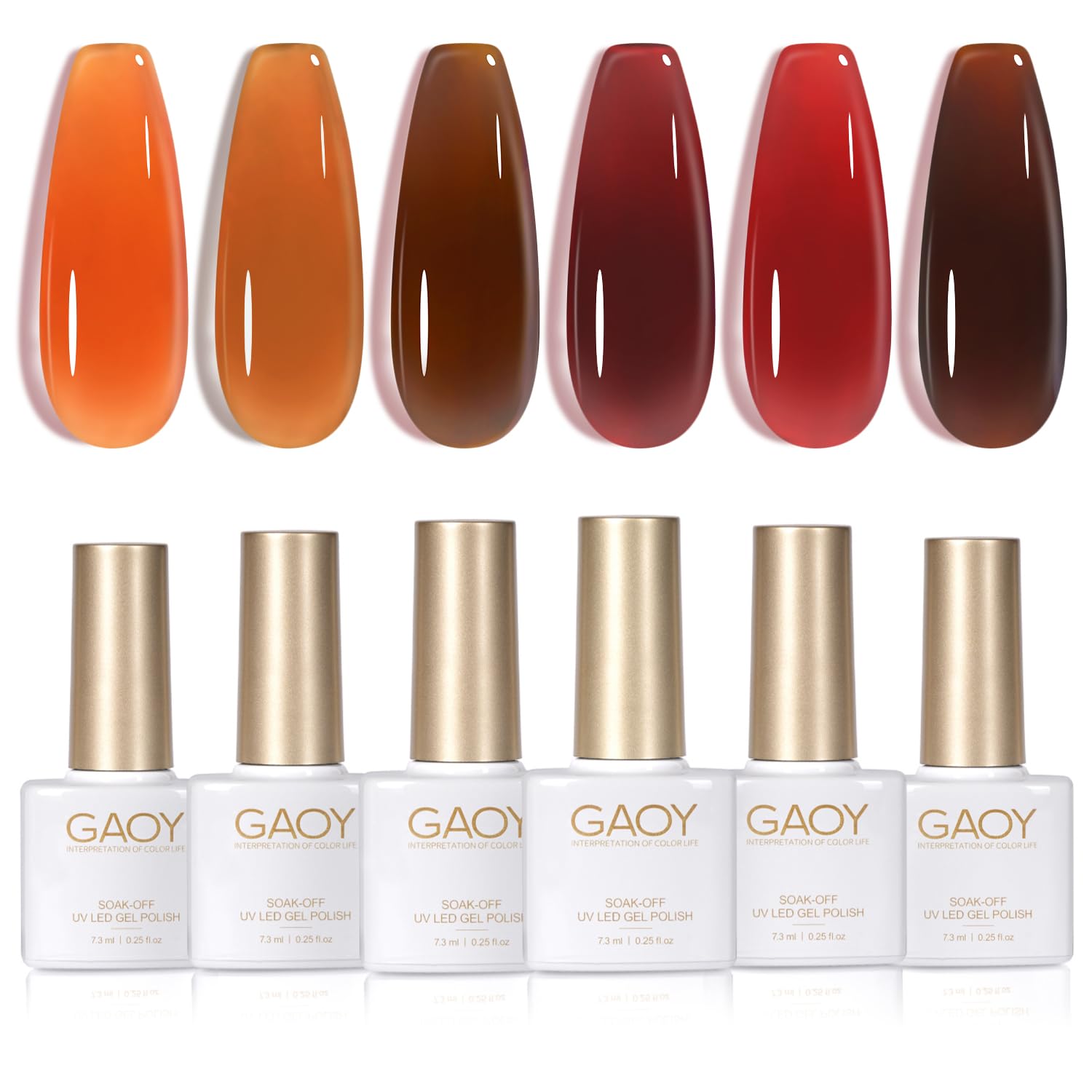 GAOY front packaging of six-color gel set showing labels and sizes, easy identification benefit