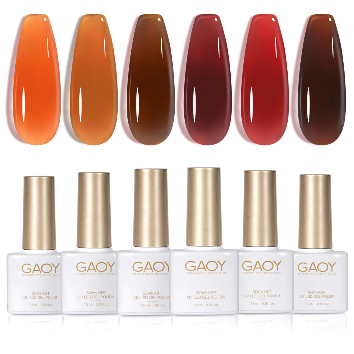 GAOY front packaging of six-color gel set showing labels and sizes, easy identification benefit